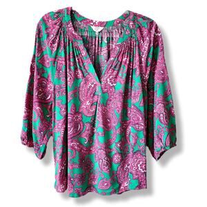 Women Crown Ivy Pink Green Paisley Peasant Top 1X Preppy Tropical Summer Casual